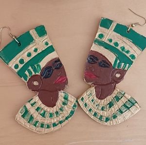 Leather Earrings with Egyptian Theme – Green